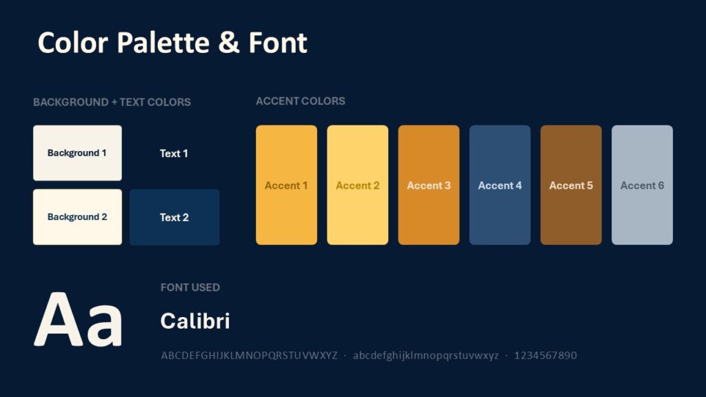 Golden Light Prestige PowerPoint and Google Slides template palette showing six accent colors with Calibri font reference.