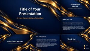 Golden Light Prestige PowerPoint and Google Slides template showing all six presentation slides with gold wave styling.