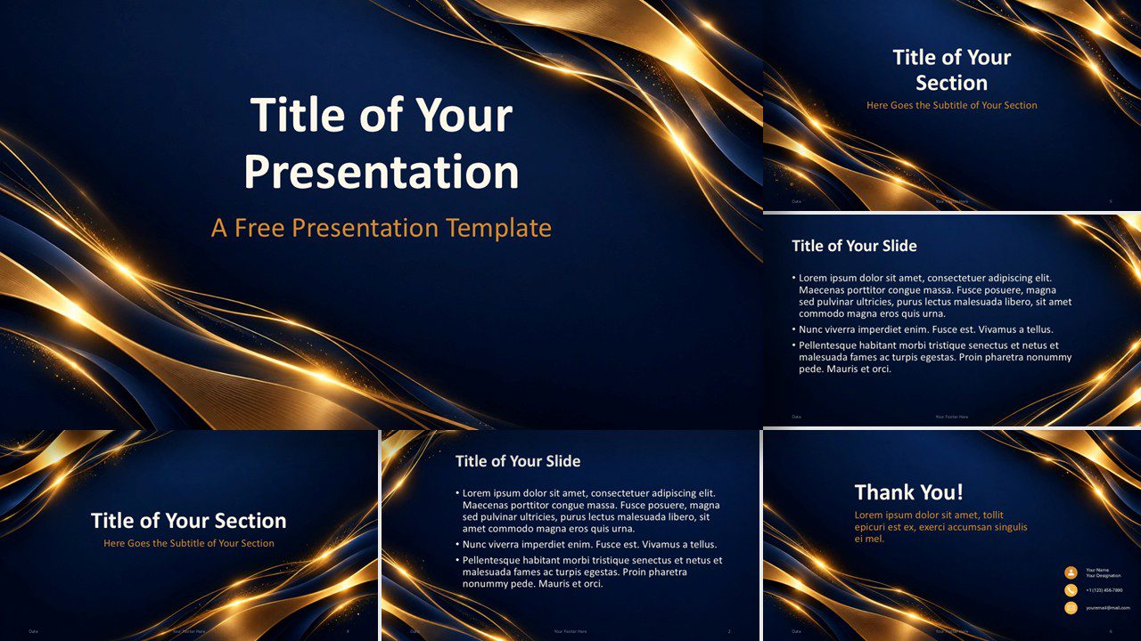 Golden Light Prestige PowerPoint and Google Slides template showing all six presentation slides with gold wave styling.
