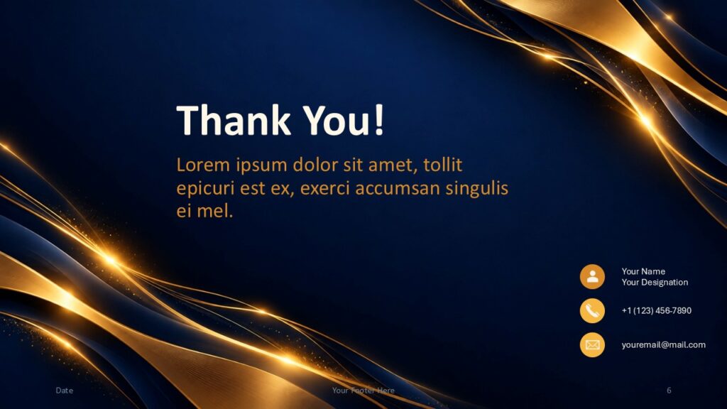 Golden Light Prestige PowerPoint and Google Slides template thank you slide with contact details and gold wave accents.