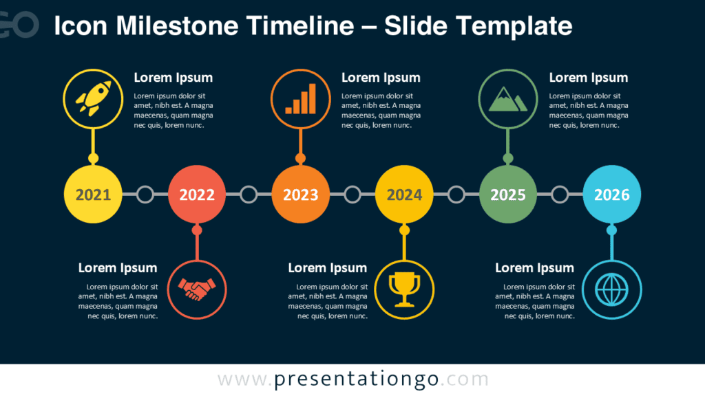 Icon Milestone Timeline for PowerPoint and Google Slides with six connected years, editable text, shapes, and Office icons.