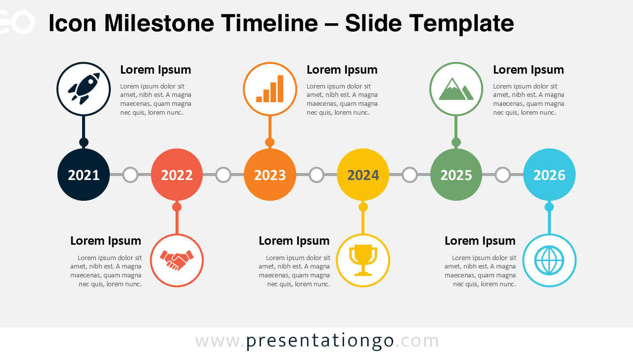 Icon Milestone Timeline for PowerPoint and Google Slides showing six yearly milestones with editable labels and Office icons.