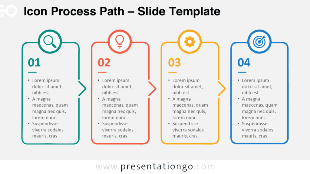 Icon Process Path diagram for PowerPoint and Google Slides with four connected stages, editable text, icons, and process cards.