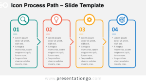 Icon Process Path diagram for PowerPoint and Google Slides with four connected stages, editable text, icons, and process cards.