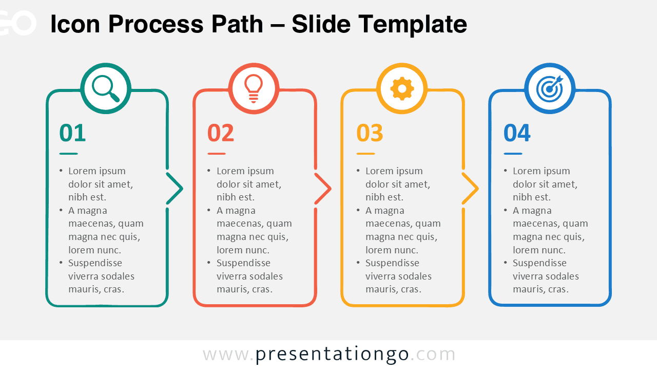 Icon Process Path diagram for PowerPoint and Google Slides with four connected stages, editable text, icons, and process cards.
