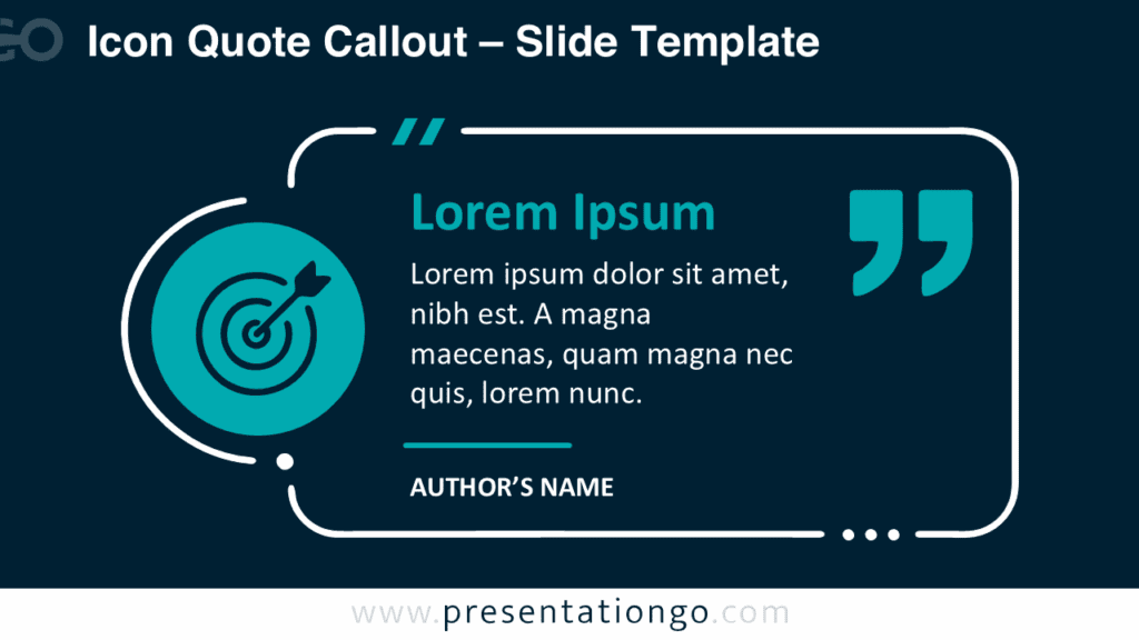 Icon Quote Callout for PowerPoint and Google Slides with editable quote, author attribution, and icon placeholder on dark slides.