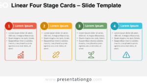 Linear Four Stage Cards diagram for PowerPoint and Google Slides with four numbered panels, editable text, and icons.