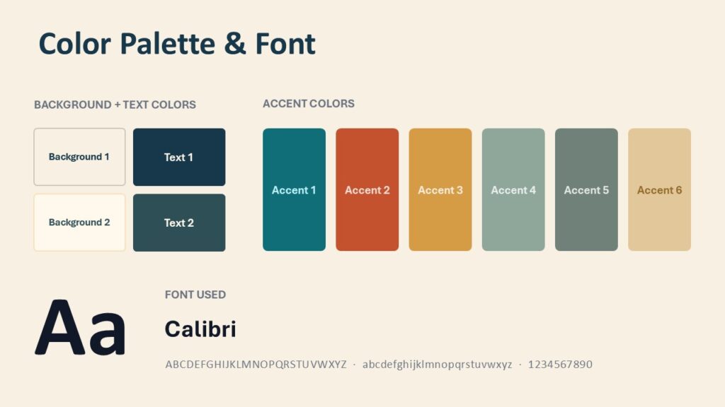 Heritage Colors & Fonts | PowerPoint & Google Slides Native American Heritage template for PowerPoint and Google Slides showing its earthy accent colors and Calibri font guide.