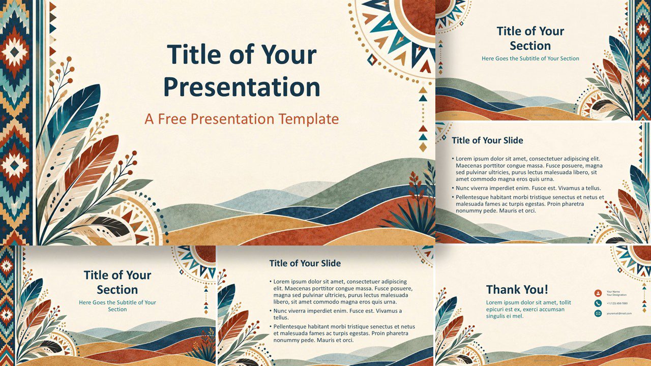 Native American Heritage template for PowerPoint and Google Slides showing all six coordinated cultural presentation layouts.