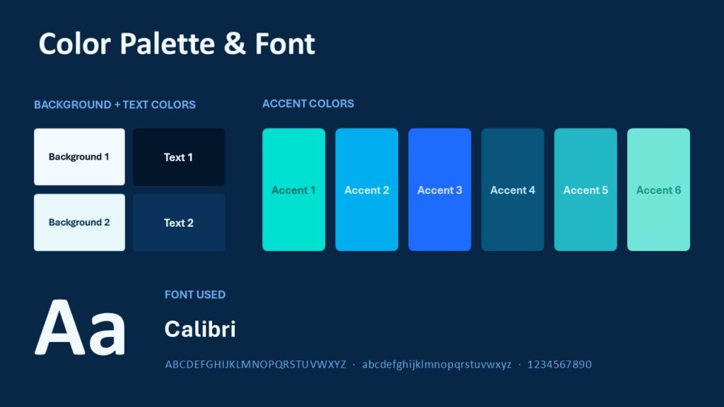 Neon Data Waves Colors | PowerPoint & Google Slides Neon Data Waves color palette and font reference for PowerPoint and Google Slides with coordinated teal, cyan, and blue tones.