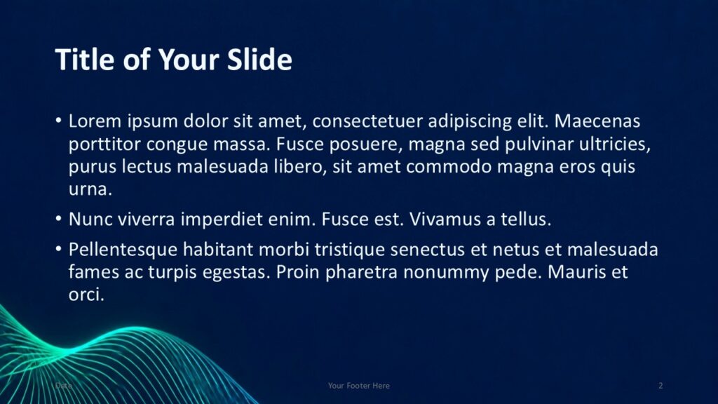 Neon Data Waves Layout 1 | PowerPoint & Google Slides Neon Data Waves title and content slide for PowerPoint and Google Slides with editable text and a flowing lower-left wave.