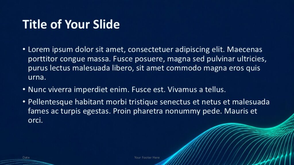 Neon Data Waves Layout 2 | PowerPoint & Google Slides Neon Data Waves title and content slide for PowerPoint and Google Slides with editable text and a flowing lower-right wave.