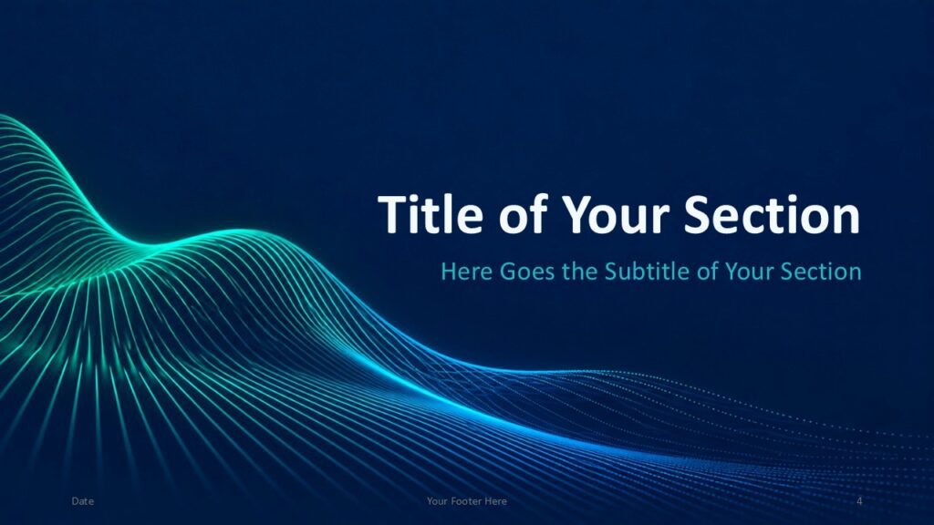Neon Data Waves Divider 1 | PowerPoint & Google Slides Neon Data Waves section divider for PowerPoint and Google Slides with bold centered text and a sweeping neon wave graphic.