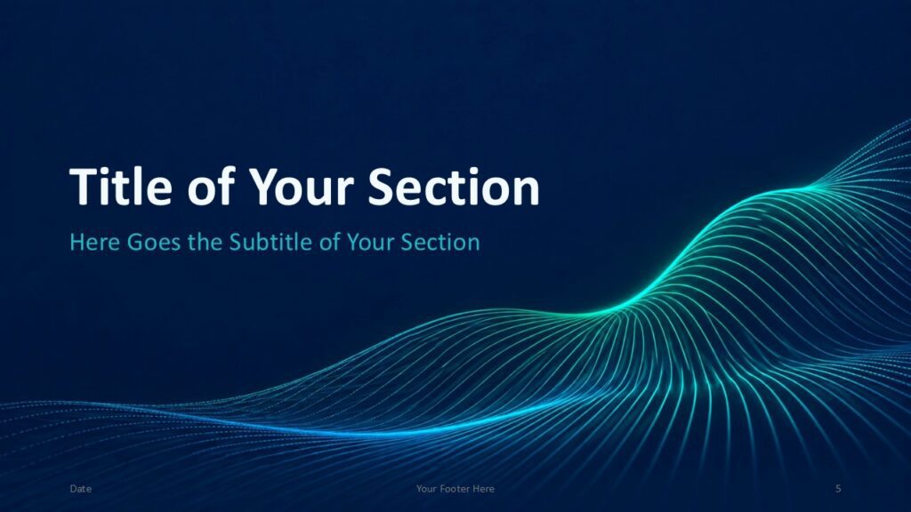 Neon Data Waves Divider 2 | PowerPoint & Google Slides Neon Data Waves section divider for PowerPoint and Google Slides with left-aligned text and a luminous wave sweeping right.