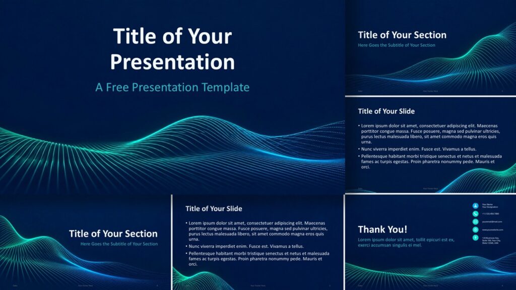 Neon Data Waves template preview for PowerPoint and Google Slides showing all six neon wave layouts in one cohesive view.