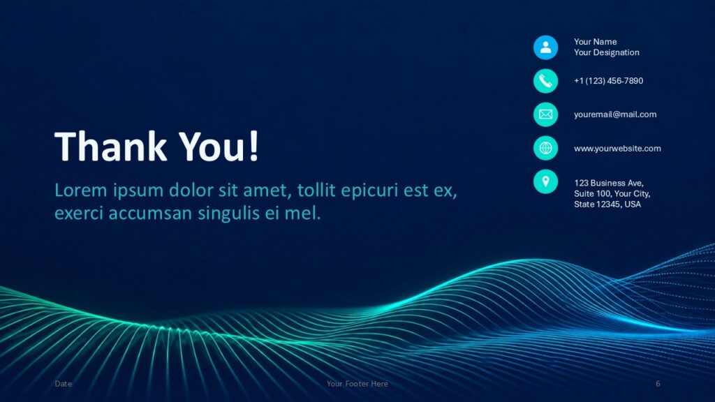 Neon Data Waves Thank You | PowerPoint & Google Slides Neon Data Waves thank you slide for PowerPoint and Google Slides with contact details, neon accents, and flowing wave graphics.