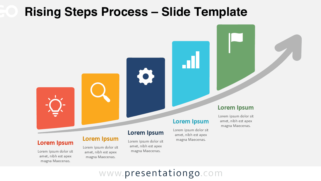 Rising Steps Process PowerPoint and Google Slides diagram with five ascending stages, editable icons, and a curved arrow.