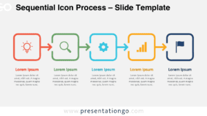 Sequential Icon Process for PowerPoint and Google Slides showing five connected stages with editable icons, arrows, and text.