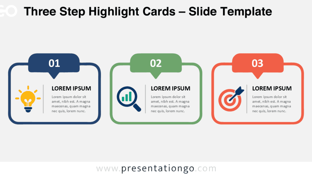 Three Step Highlight Cards for PowerPoint and Google Slides with three numbered cards, editable icons, and text areas.