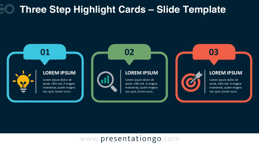 Three Step Highlight Cards for PowerPoint and Google Slides showing three editable stages with icons and text placeholders.