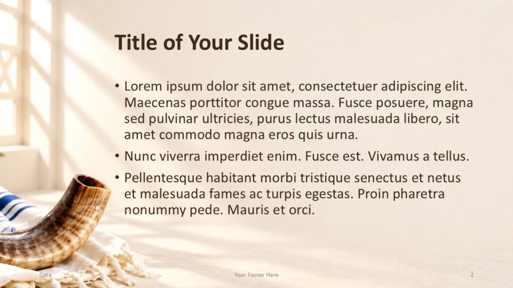Yom Kippur Light Content 1 | PowerPoint & Google Slides Yom Kippur Light content slide for PowerPoint and Google Slides with shofar photography beside editable bullet text