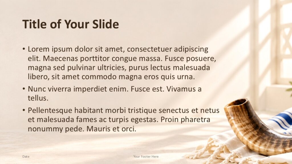 Yom Kippur Light Content 2 | PowerPoint & Google Slides Yom Kippur Light content slide for PowerPoint and Google Slides with editable text beside a shofar and blue-striped fabric