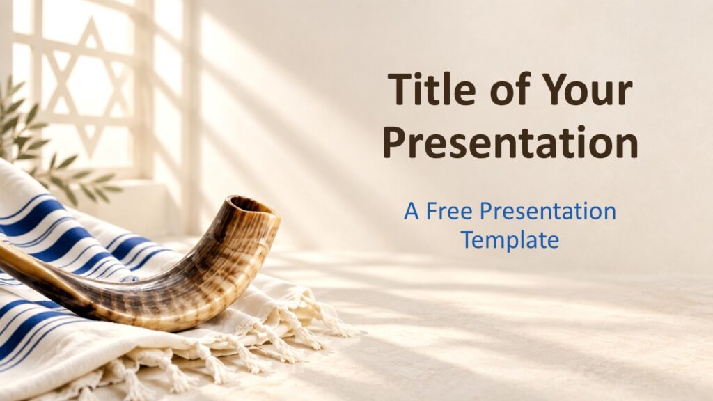 Yom Kippur Light Cover | PowerPoint & Google Slides Yom Kippur Light cover slide for PowerPoint and Google Slides with a shofar, tallit-inspired fabric, and warm natural light