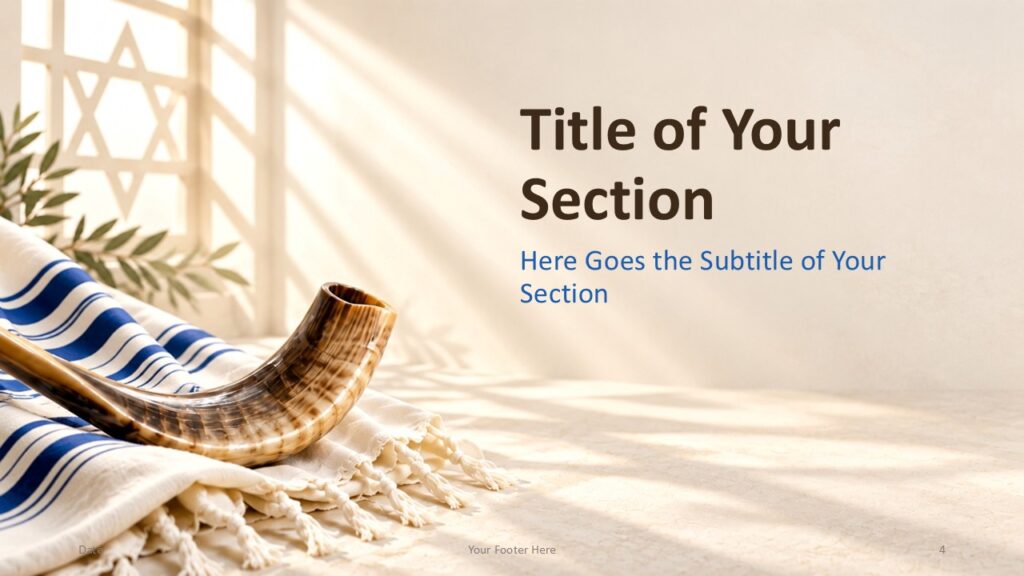Yom Kippur Light Divider 1 | PowerPoint & Google Slides Yom Kippur Light section divider for PowerPoint and Google Slides with shofar imagery and a spacious ceremonial title area