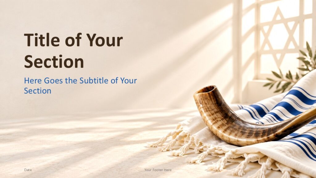 Yom Kippur Light Divider 2 | PowerPoint & Google Slides Yom Kippur Light section divider for PowerPoint and Google Slides with a left title area and shofar photography on the right
