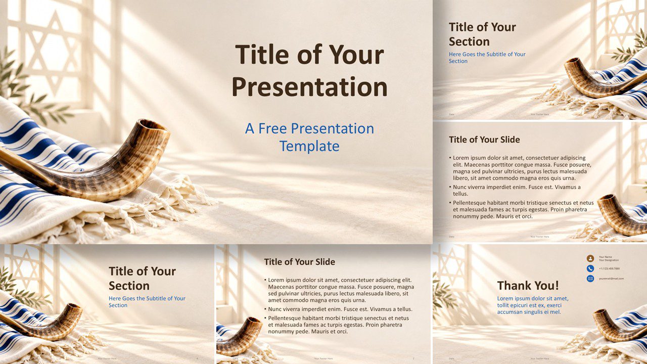 Yom Kippur Light template for PowerPoint and Google Slides showing eight slides with shofar imagery and warm ceremonial tones
